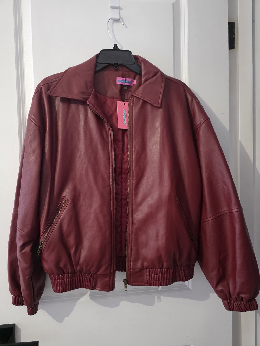 Edikted Burgundy Faux Leather Bomber Jacket